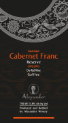 Alexander Cabernet Franc Reserve (OU Kosher) 2018  Front Label
