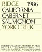 Ridge York Creek Cabernet Sauvignon 1986  Front Label