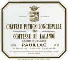 Chateau Pichon Longueville Comtesse de Lalande  1986  Front Label