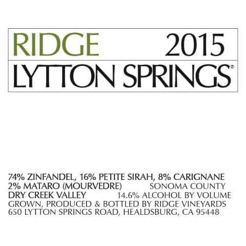Ridge Lytton Springs 2015 Front Label