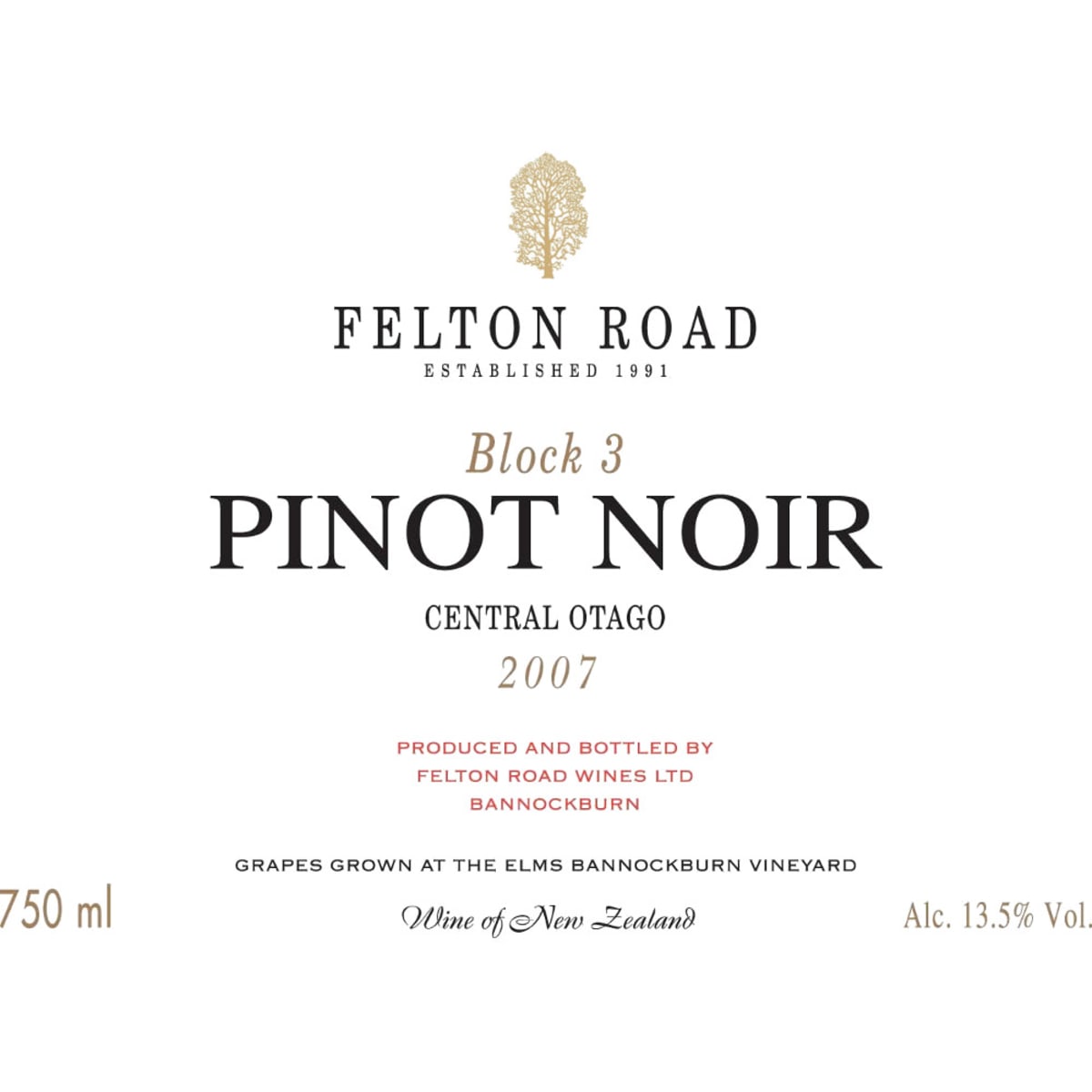Felton Road Block 3 Pinot Noir 2007 Front Label