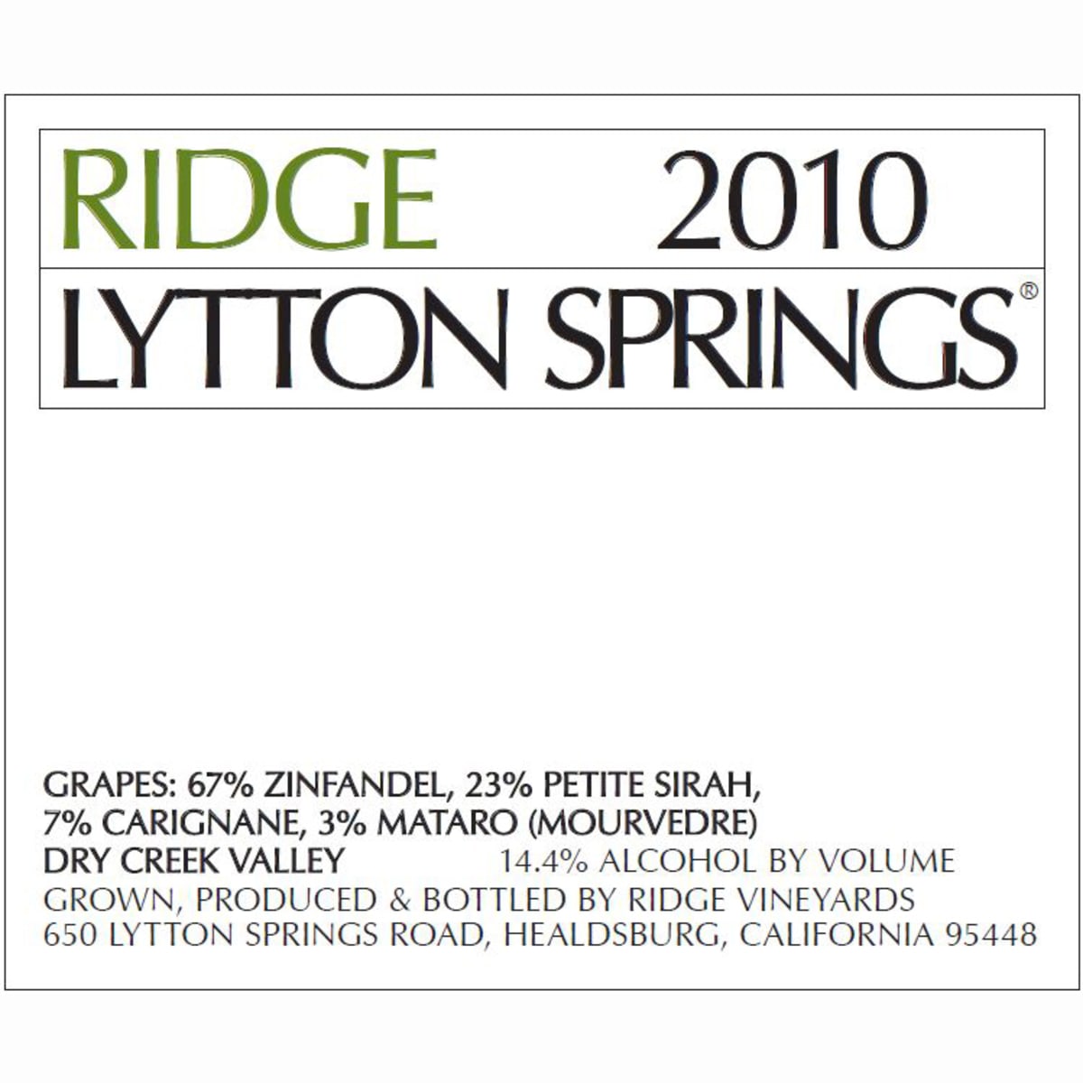 Ridge Lytton Springs Red Blend 2010 Front Label