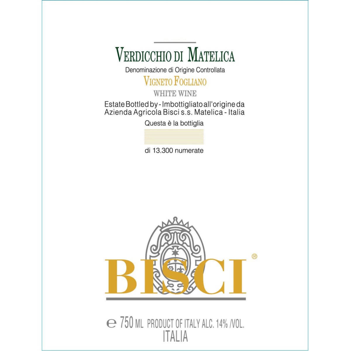 Bisci Verdicchio di Matelica Vigneto Fogliano 2011 Front Label