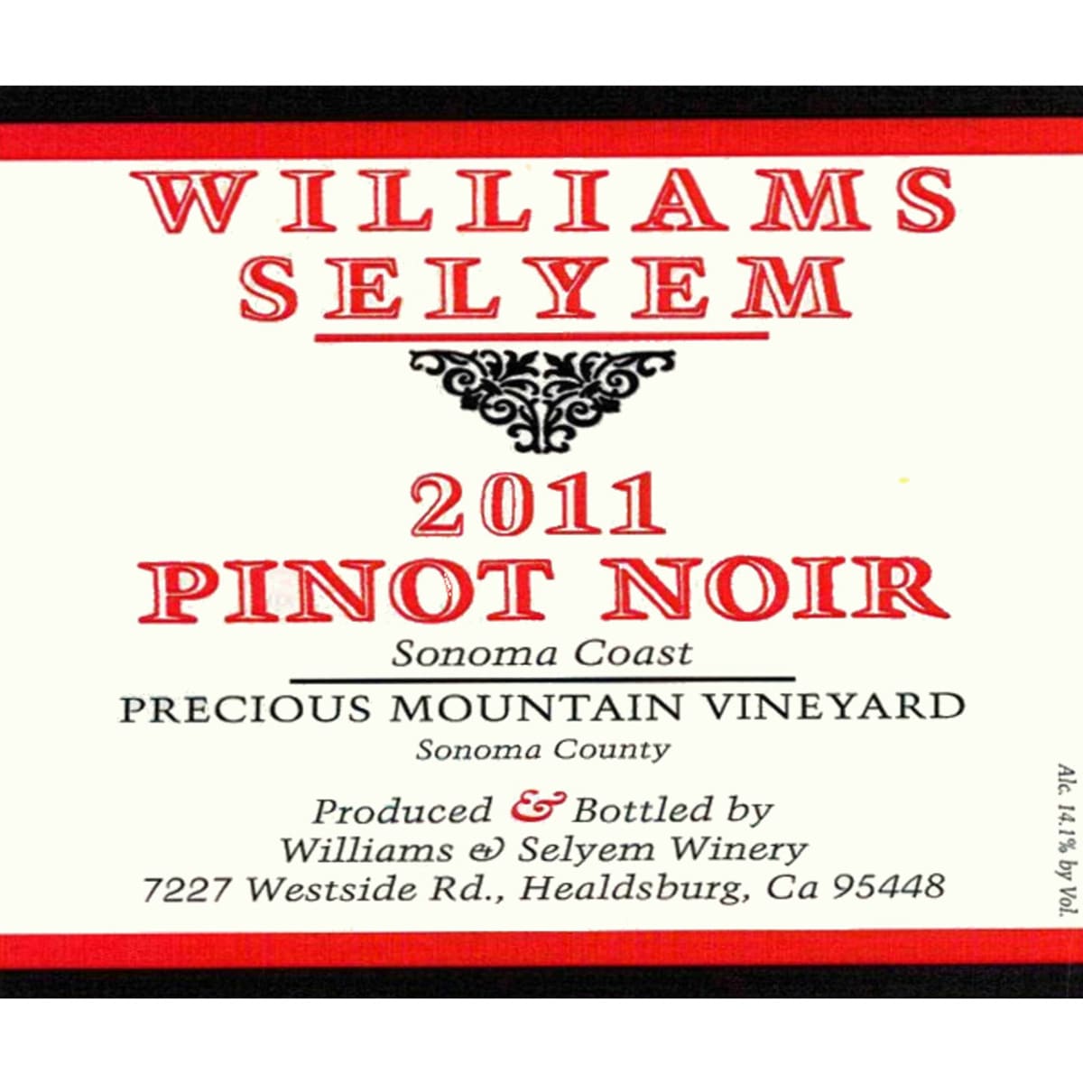 Williams Selyem Precious Mountain Vineyard Pinot Noir 2011 Front Label