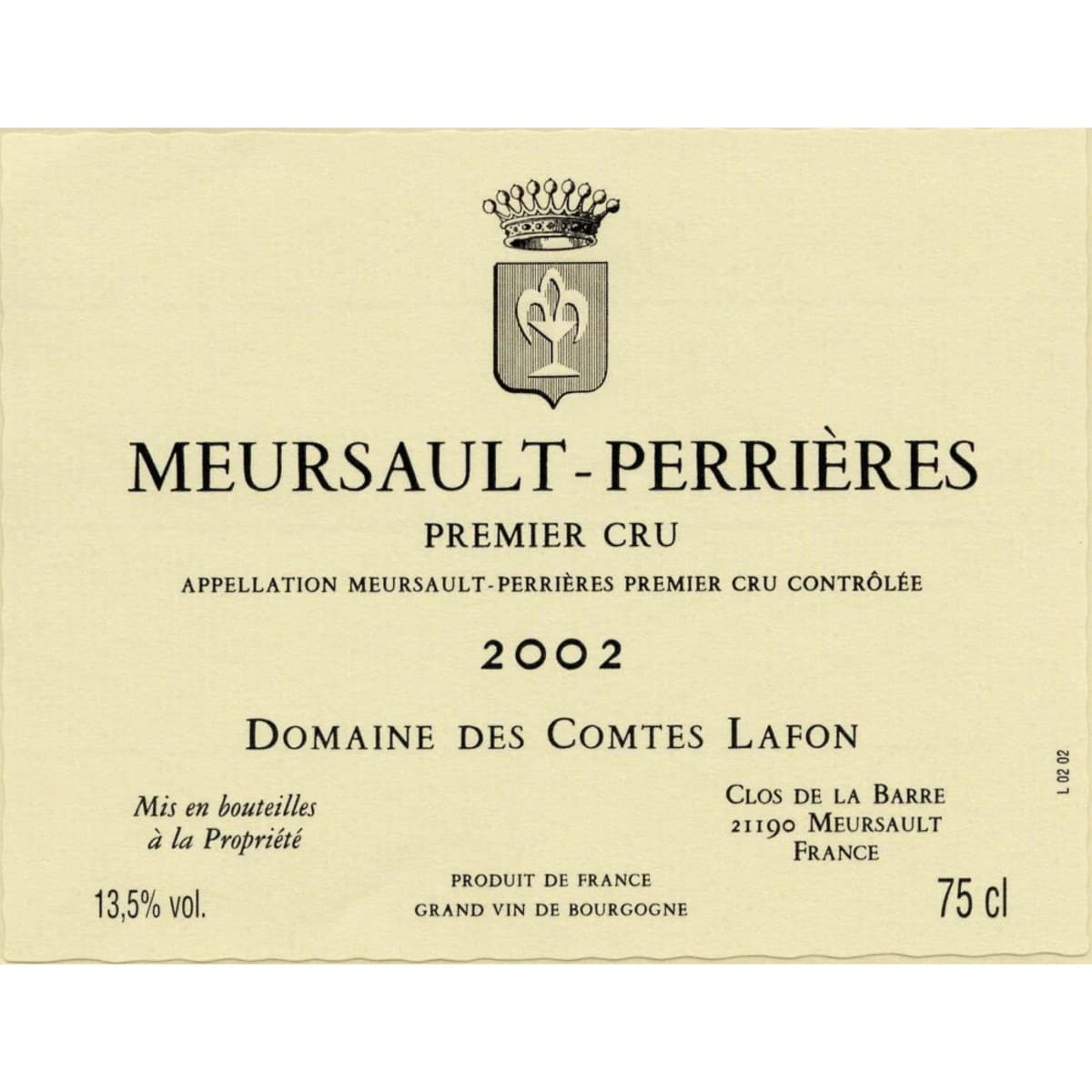 Domaine des Comtes Lafon Meursault Perrieres 2002 Front Label