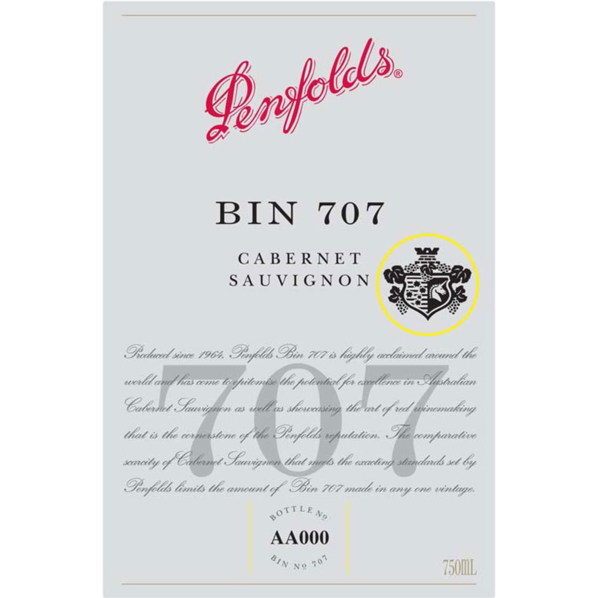 Penfolds Bin 707 Cabernet Sauvignon 2012 Front Label