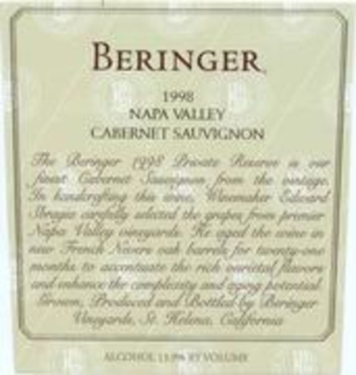 Beringer Private Reserve Cabernet Sauvignon 1998 Front Label