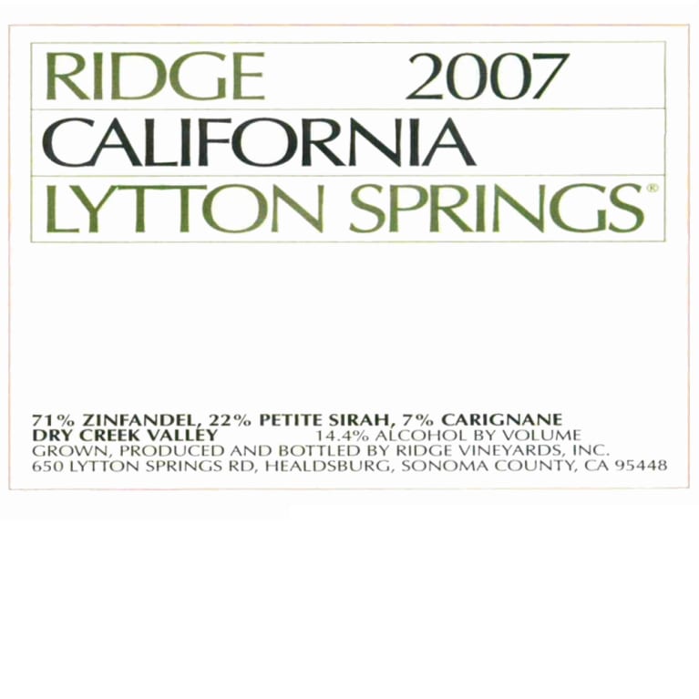 Ridge Lytton Springs 2007 Front Label