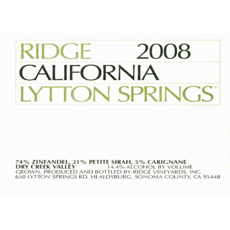 Ridge Lytton Springs 2008 Front Label