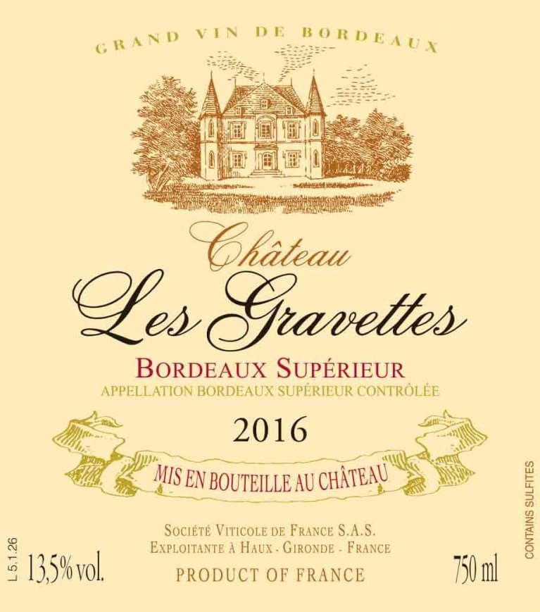 Chateau Les Gravettes Bordeaux Superieur 2016 Front Label